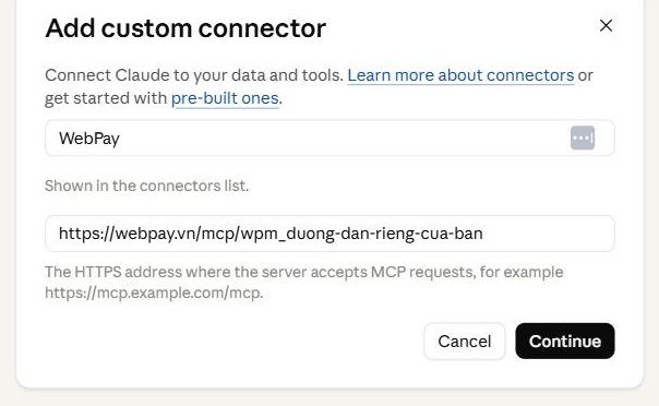 Màn hình Add custom connector của Claude.ai