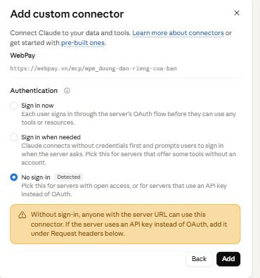 Bước Authentication của Claude.ai, dòng No sign-in được chọn sẵn